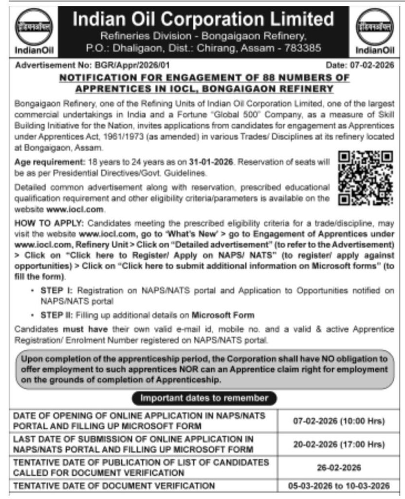 IOCL Bongaigaon Refinery Recruitment 2026