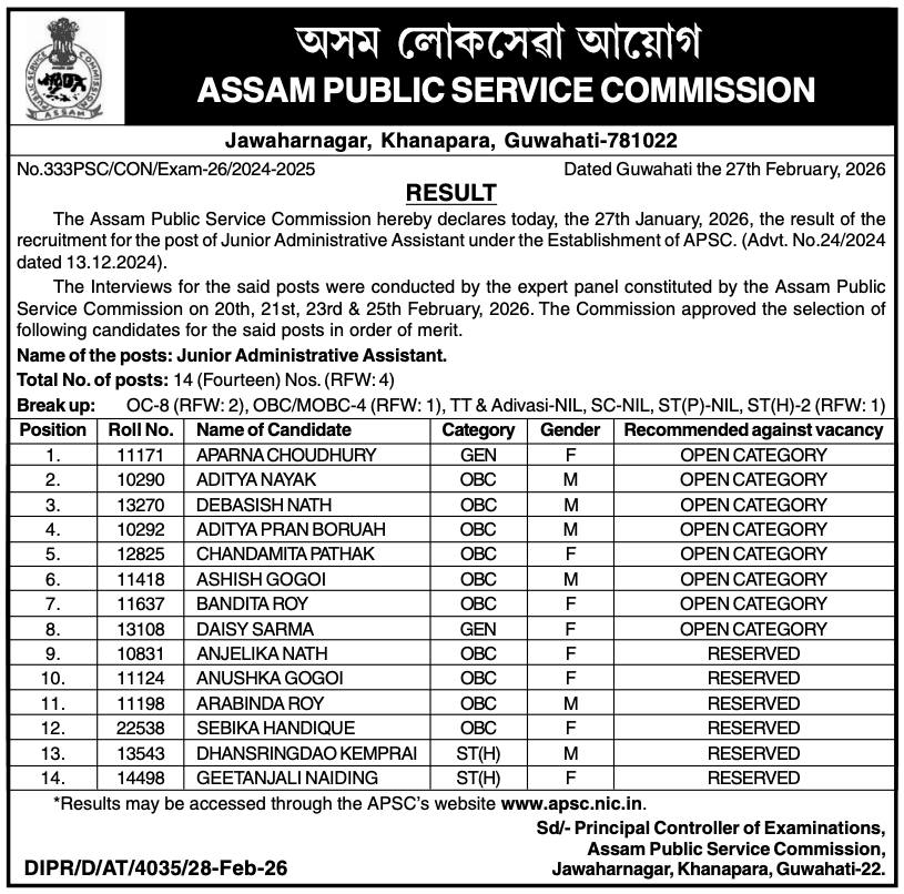 APSC JAA Result 2026 Out