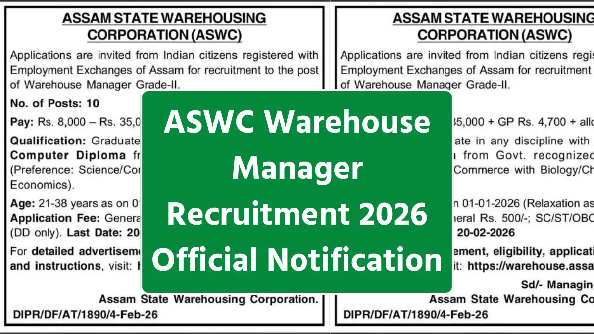 ASWC Warehouse Manager Grade-II Recruitment 2026 Advertisement
