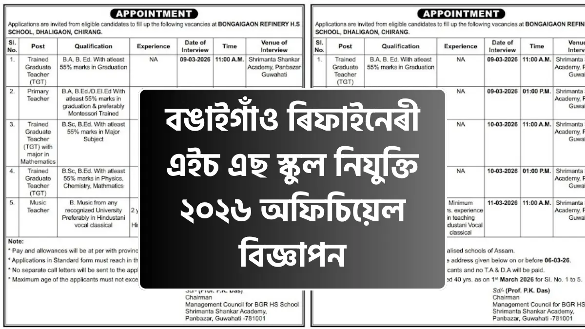 Bongaigaon Refinery HS School Teacher Recruitment 2026 Official Notification