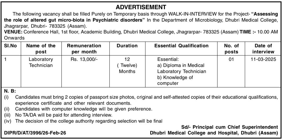 Dhubri Medical College Recruitment 2026