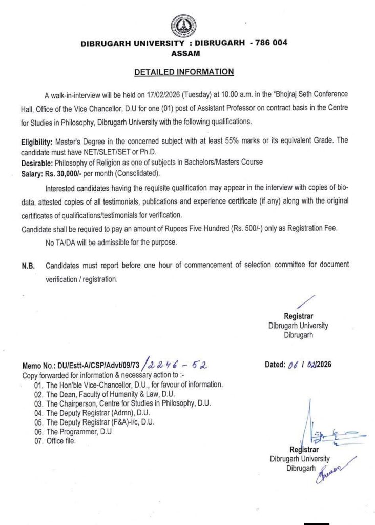 Dibrugarh University Recruitment 2026