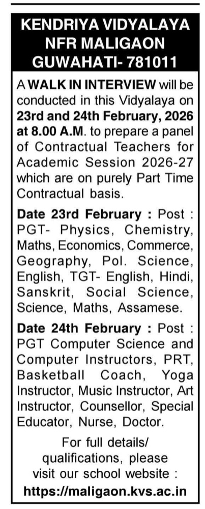 KV Maligaon Recruitment 2026