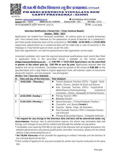KV New Cantt Prayagraj Recruitment 2026