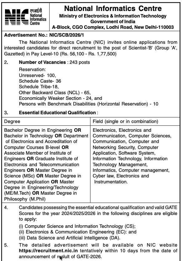 NIC Scientist-B Recruitment 2026