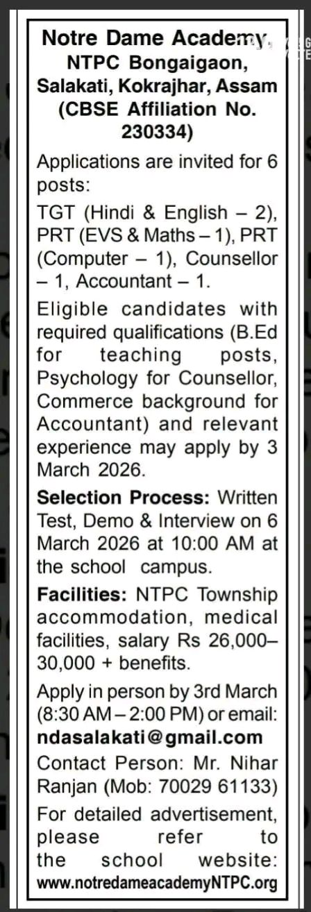 Notre Dame Academy NTPC Bongaigaon Recruitment 2026