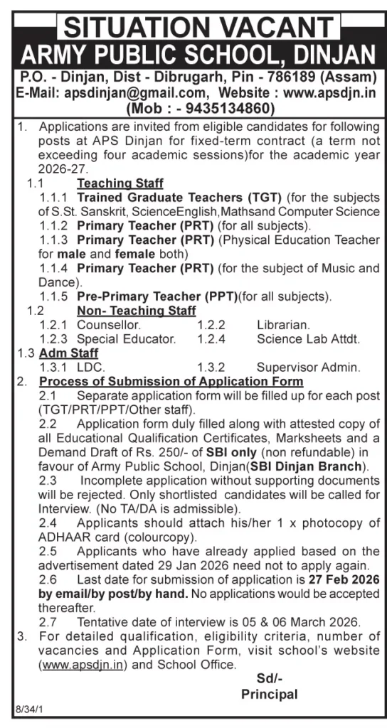 Army Public School Dinjan Recruitment 2026