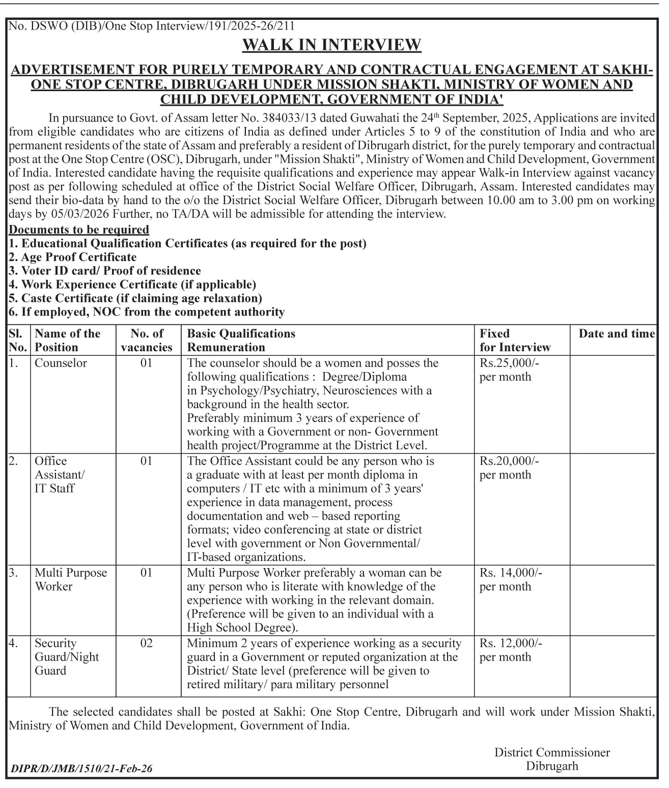 Dibrugarh Sakhi One Stop Centre Recruitment 2026