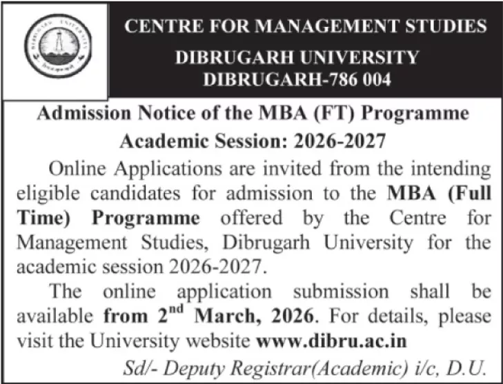 Dibrugarh University MBA Admission 2026