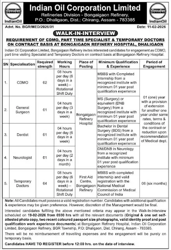 IOCL Bongaigaon Refinery Medical Officer Walk-in Interview 2026