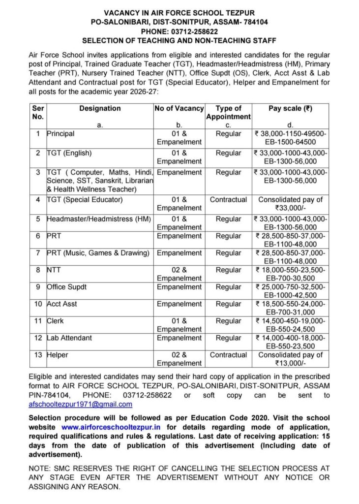 Air Force School Tezpur Recruitment 2026