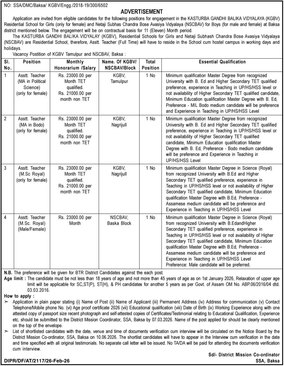 SSA Baksa Recruitment 2026