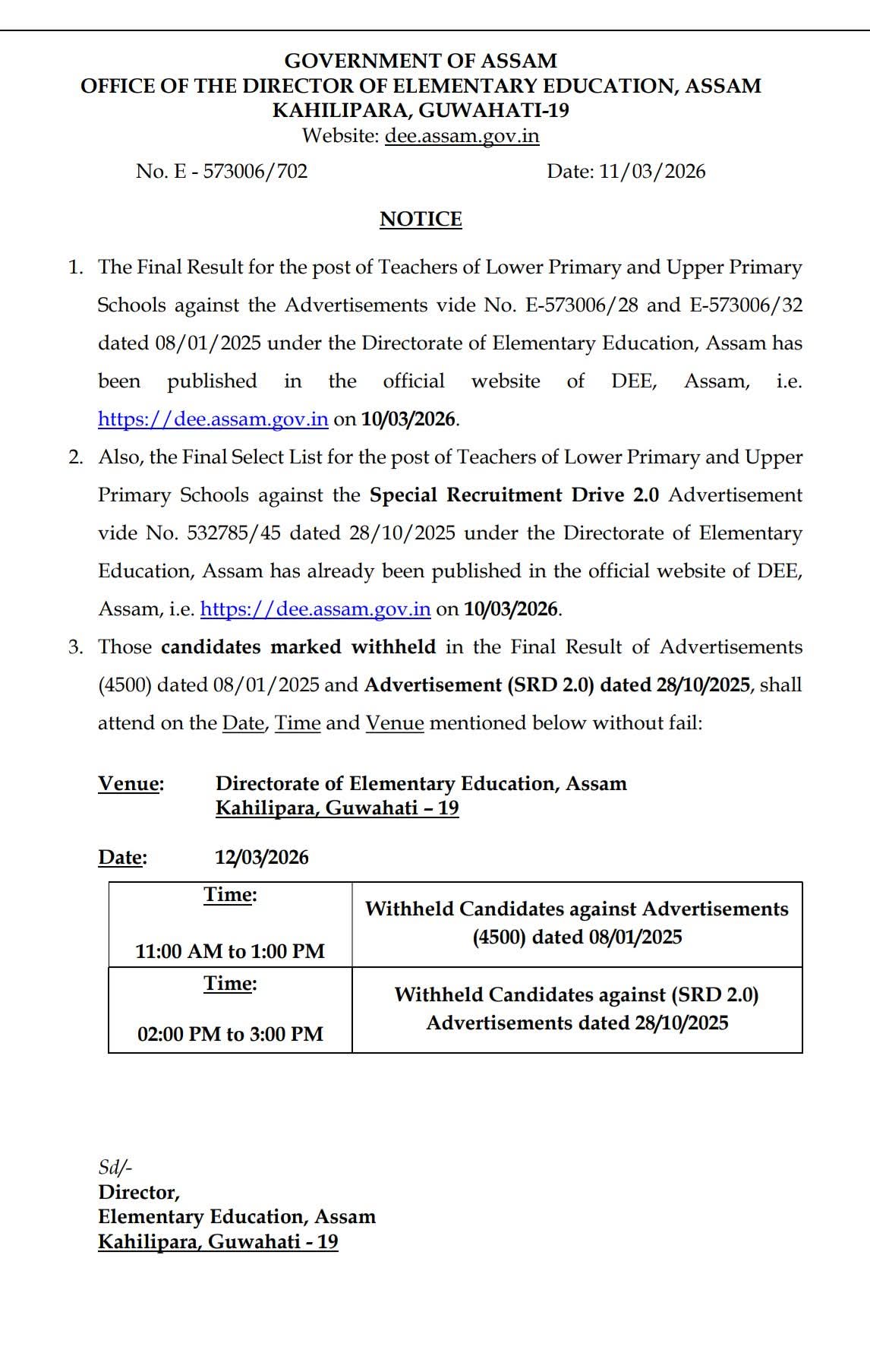 DEE Assam Teacher Final Result 2026