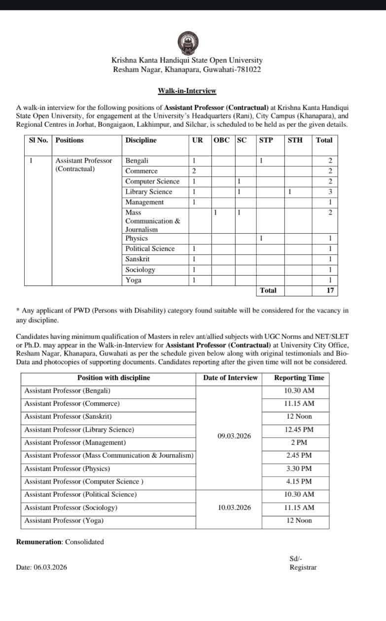 KKHSOU Assistant Professor Recruitment 2026