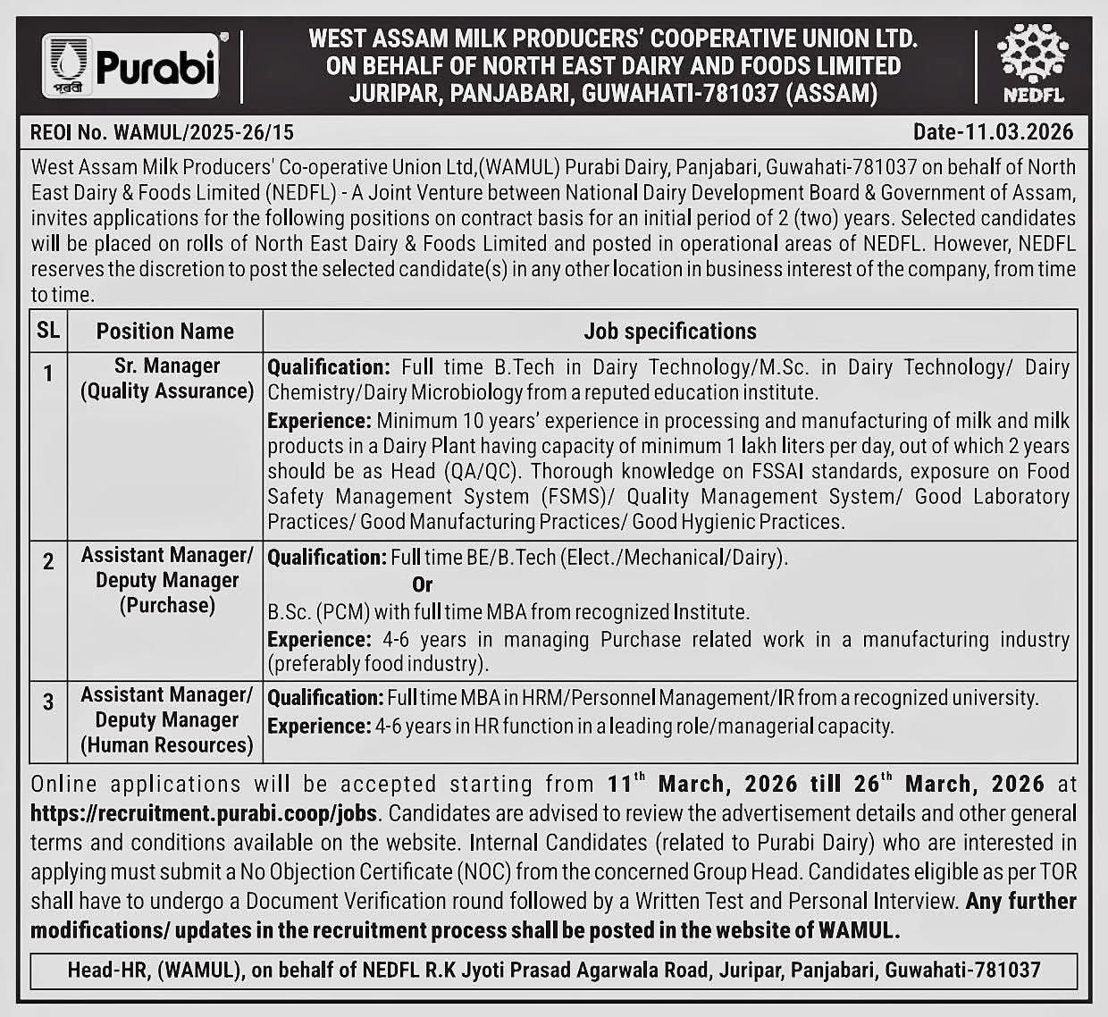 Purabi Dairy Recruitment 2026