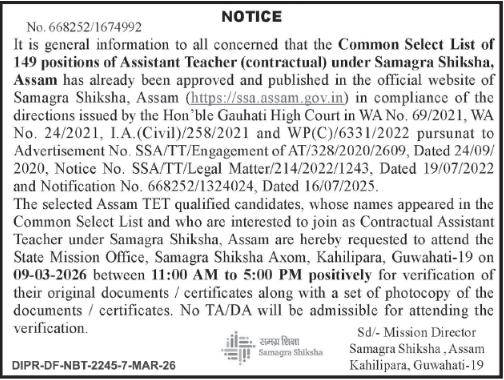 SSA Assam Teacher Recruitment 2026