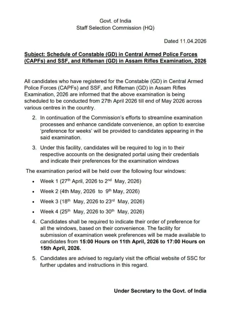 SSC GD Constable Exam Schedule 2026