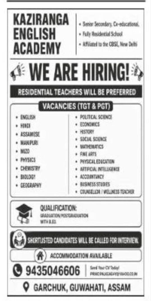 Kaziranga English Academy Recruitment 2026