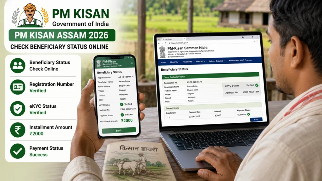 Assam farmer checking PM Kisan beneficiary status online using official portal.