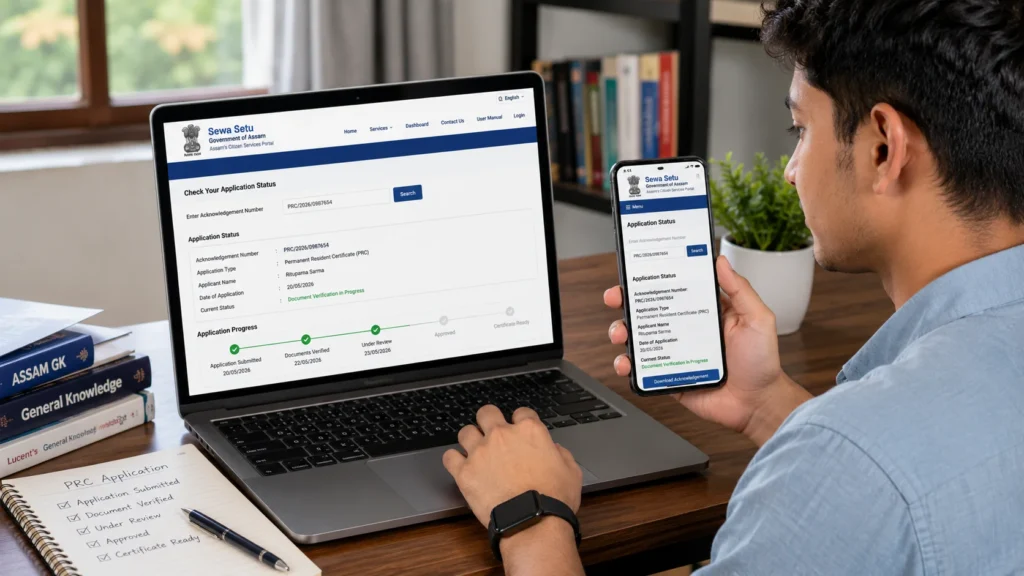 Assam domicile certificate status check using acknowledgement number on Sewa Setu portal.