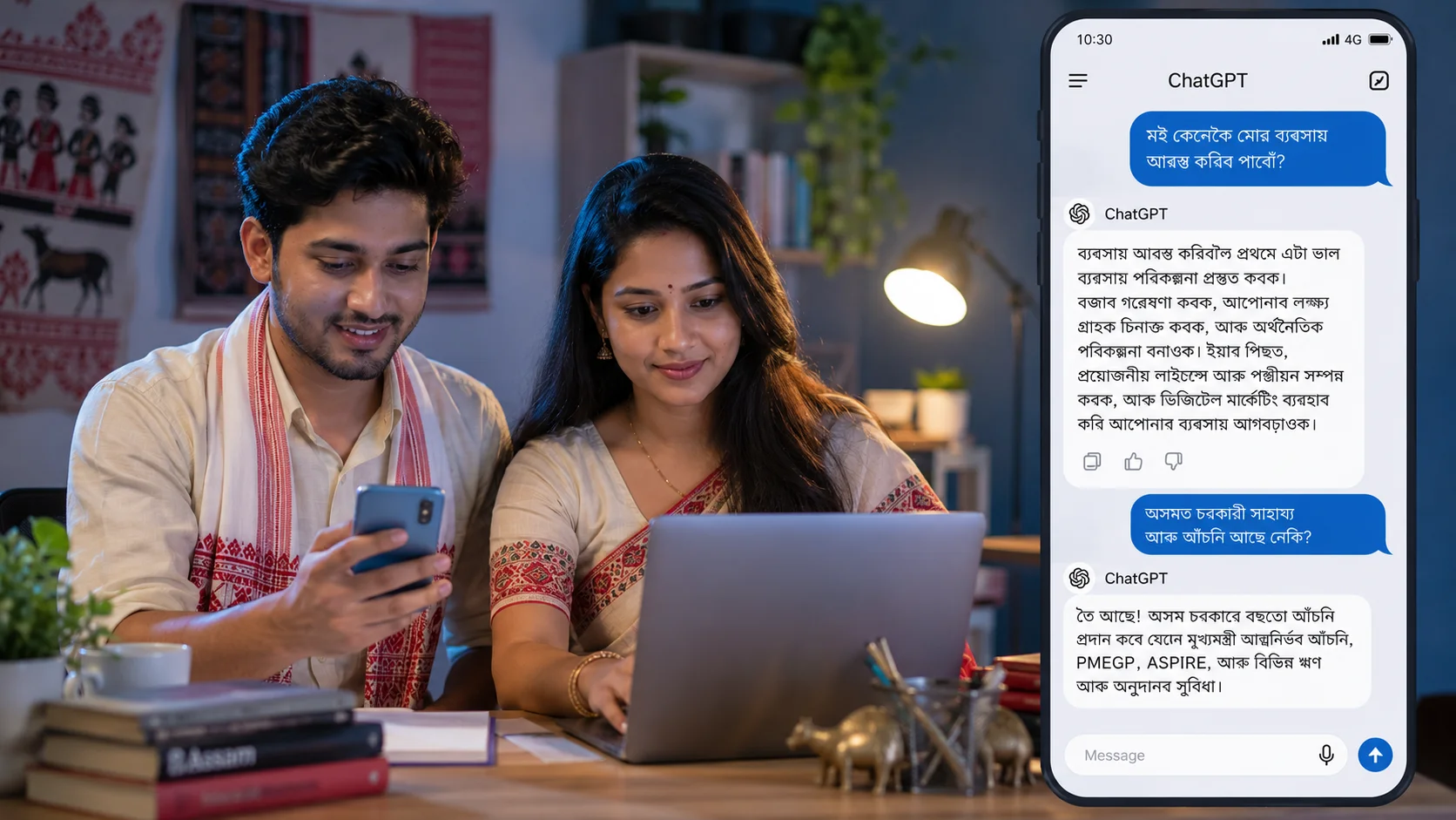 ChatGPT use in Assamese language guide showing Assamese user using AI chatbot for translation, writing and learning.