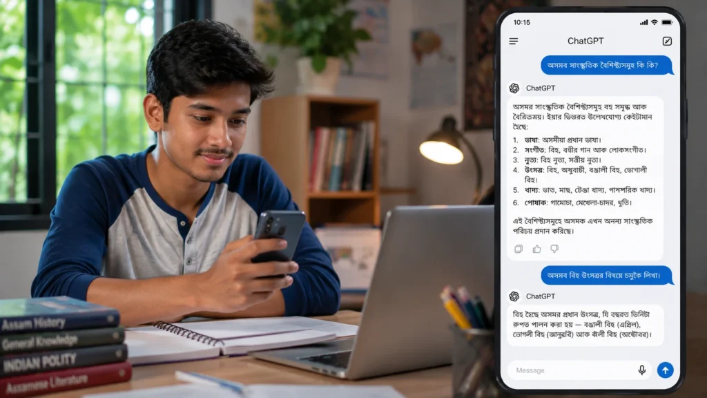 Assamese user learning how to use ChatGPT in Assamese language on mobile phone.