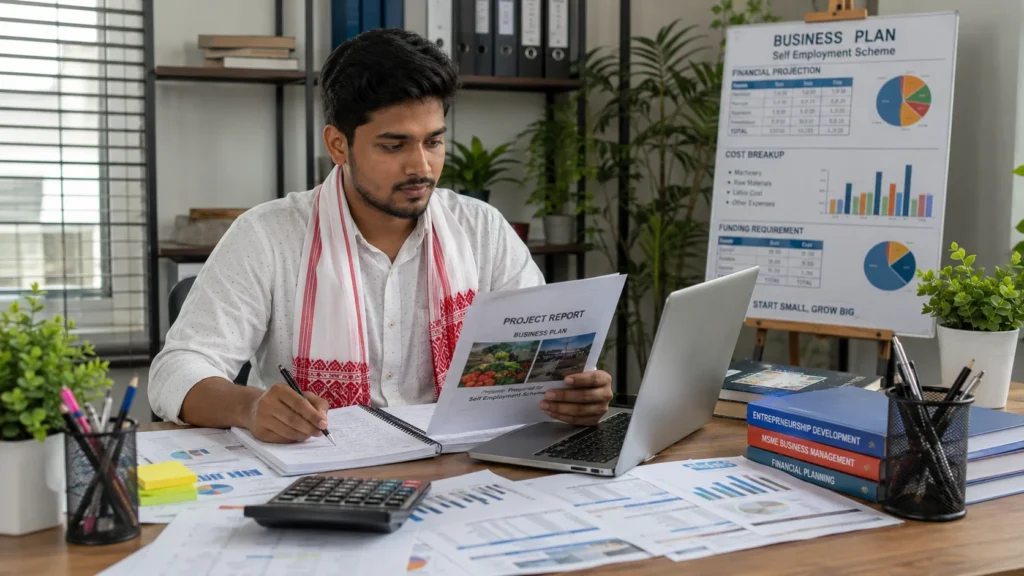 Assam entrepreneur preparing CMAAA business project report for self employment scheme.