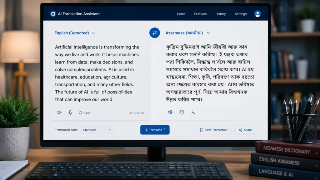 English to Assamese translation using ChatGPT AI assistant.
